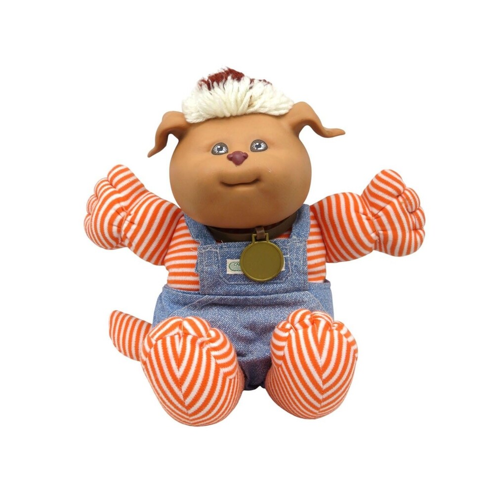 Vintage 1985 Cabbage Patch Kids Koosas Dog Orange Striped Body Denim Overalls